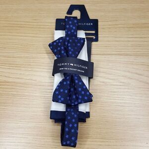 TOMMY HILFIGER Mens Bow Tie Blue Floral + Matching Pocket Square Set Adjustable